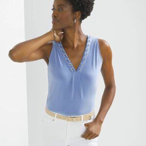White House Black Market Matte Jersey Lace Notch Neck Tank Denim Blue Sz. Small